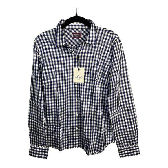 UNTUCKit Women's Gingham Blue and White Long Sleeve Button Up Shirt Size 10 NWT - Picture 2 of 11